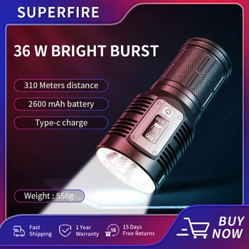 SUPERFIRE M5 Мощный фонарик 36 Вт Портативный светодиодный USB перезаряжаемый фонарь для кемпинга, встроенный аккумулятор 10400 мАч, многофункциональный фонарь