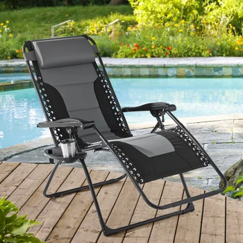 Опоры на открытом воздухе Негабаритный стул с нулевой гравитацией, Банджи-слинг, шезлонг, серая и черная садовая мебель