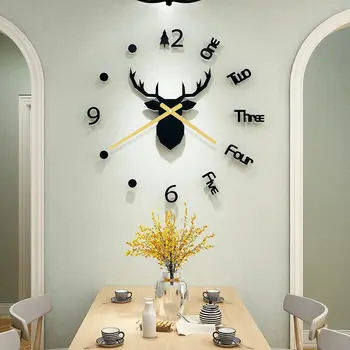 3D настенные часы с оленем, акриловые настенные часы для гостиной, сделай сам, самоклеящиеся наклейки, настенные часы для дома