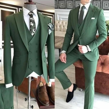 Одежда для жениха, Комплект из 3 предметов, Зеленые Мужские Костюмы 2021 Года, приталенный Пиковый Лацкан на одной пуговице, сшитый на заказ Terno Masculino (куртка + Брюки + Жилет + галстук).