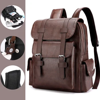 Качественный 14-дюймовый студенческий рюкзак для ноутбука, Мужской Высокий рюкзак, ретро Кожаный рюкзак, водонепроницаемый