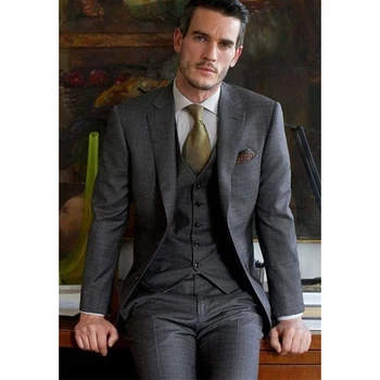 Высококачественный Темно-серый мужской костюм, Официальные комплекты делового костюма из 3 предметов, Блейзер с лацканами и двумя пуговицами, брюки (пиджак + брюки + жилет)