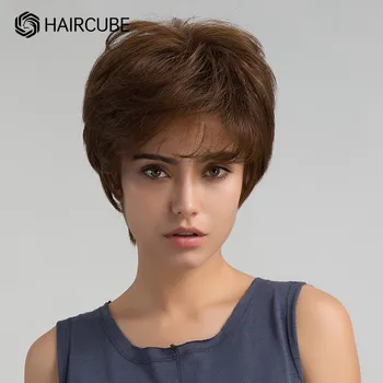 HAIRCUBE Медово-Коричневые Смешанные Парики Короткие 30% Человеческих Волос Парик для Женщин Pixie Cut Волнистые Волосы Машинного Производства Термостойкие Парики