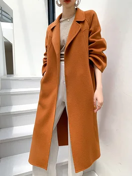 Женское пальто на шнуровке, облегающее талию, Двустороннее Шерстяное пальто из чистой шерсти, Новая Модная осенне-зимняя женская одежда