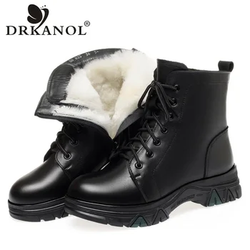 DRKANOL/Модные Женские Зимние ботинки из 100% натуральной шерсти, Теплая обувь на Меху, Женские Ботильоны на толстой резиновой нескользящей платформе