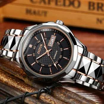 JSDUN Автоматические механические модные мужские часы с ремешком из вольфрамовой стали, классический черный циферблат, Сапфировые спортивные водонепроницаемые наручные часы