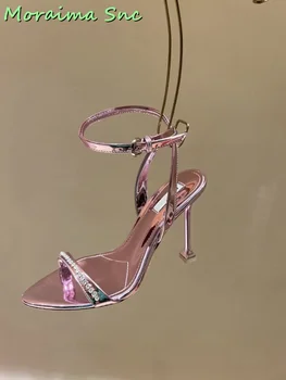 Простые Босоножки с острым носком, украшенные Кристаллами, на высоком каблуке-шпильке, ремешок с пряжкой на щиколотке, Розовая Зеркальная кожа, Однотонная Сексуальная женская обувь, лето 2023