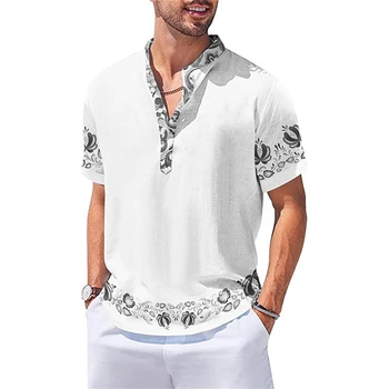 Летние мужские Рубашки, топы с короткими рукавами, Этническая графическая одежда, V-образный вырез, Модная дизайнерская одежда больших размеров, Мужские рубашки Хенли, Футболка