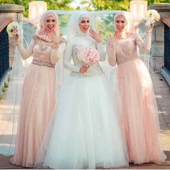 Свадебное платье в исламском стиле с длинным рукавом, Хиджаб, Белое расшитое бисером мусульманское Свадебное платье, платья для матери невесты