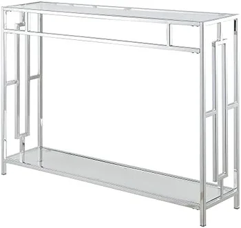 Квадратный хромированный консольный столик с полкой, стекло/хром