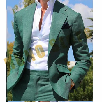 Мужской полный костюм, элегантный модный облегающий льняной материал из двух предметов, однотонный мужской костюм, однобортный повседневный для поездок на работу