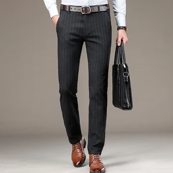 Мужские Хлопчатобумажные брюки в вертикальную полоску в западном стиле, Деловые облегающие тонкие брюки, Повседневные Длинные Тонкие брюки для мужчин, Серый, Черный, Синий