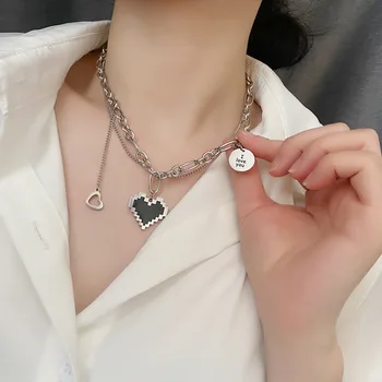 Модное женское ожерелье с подвеской из нержавеющей стали, тонкая двойная цепочка, металлическое сердечко, вечернее ожерелье, ювелирный подарок