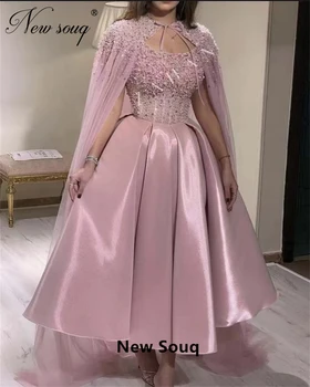 Мусульманские Розовые вечерние платья Трапециевидной формы Дубайского дизайна Коктейльные платья длиной до щиколоток С жакетом из бисера Вечернее платье Vestidos De Noche