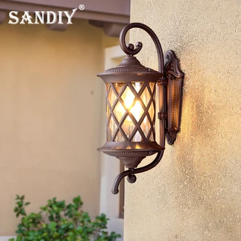 SANDIY Винтажный светильник для крыльца, водонепроницаемые настенные светильники, наружные IP65, Ретро-бра для ворот внутреннего двора, Вилла, Стекло + алюминий, антикоррозийный E27