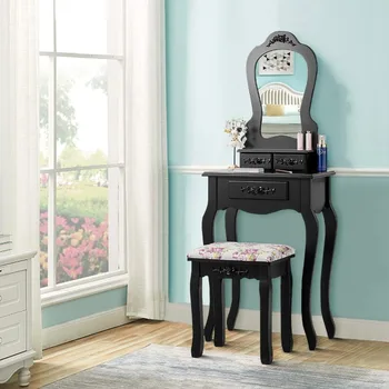 Туалетный столик SPSUPE с Табуреткой и зеркалом, Многофункциональный Письменный стол для макияжа с выдвижными ящиками, Веерообразное Зеркало и мягкий табурет