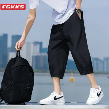 Летние Мужские Повседневные брюки Ice Silk, тонкие однотонные укороченные брюки, модные уличные спортивные брюки в стиле хип-хоп, Мужские Свободные брюки