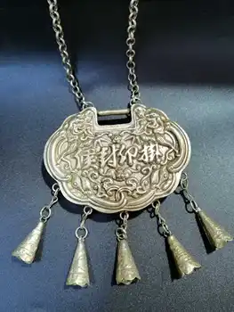 Китайское Изысканное серебро Мяо Ручной работы, Выдалбливают Ожерелье с замком на долгий срок службы, Изделия ручной работы из металла Украшают #10