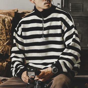 Японский тяжелый Винтажный свитер, мужские Модные Трикотажные топы в полоску с отворотом, Классический Черный, Белый Джемпер с воротником-стойкой на молнии