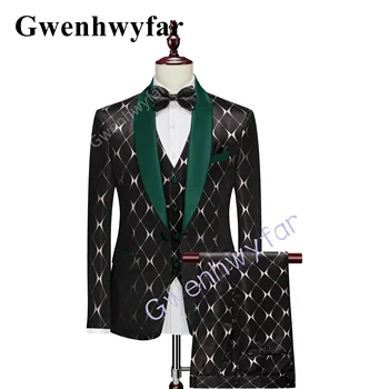 Gwenhwyfar, Новый деловой темно-зеленый мужской модный пиджак с отворотом, 3 предмета, свадебный пиджак для жениха из ткани с принтом премиум-класса, черный блейзер