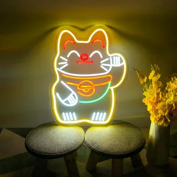 Неоновая Вывеска Lucky Cat, Офисная Вывеска, Изготовленная на заказ Неоновая Вывеска в стиле аниме, Вывеска на фасаде магазина, Светодиодные световые Вывески для бара, Приветственная Вывеска магазина, Неоновый свет