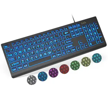 Клавиатура с подсветкой крупным шрифтом, Проводная Компьютерная клавиатура с подсветкой по USB, 7-цветная и 4 Режима подсветки, большие буквенные клавиши, легко различимые