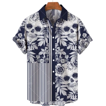 Мужская гавайская рубашка 2023 с рисунком черепа и 3D принтом оверсайз, короткий рукав, Дышащая мужская летняя рубашка 5XL