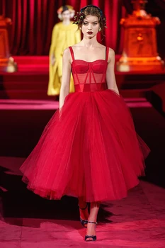 Простое вечернее платье Трапециевидной формы Длиной до Чая 2024, красное тюлевое Винтажное Вечернее платье для выпускного вечера, robe de soriee