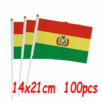 ZXZ 100шт Боливия ручной развевающийся Флаг 14*21 см Полиэстер Двусторонняя Печать БО Боливийский Флаг с пластиковым флагштоком