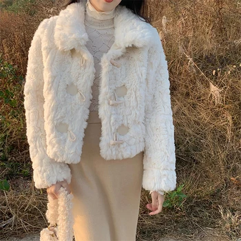 Элегантная зимняя плюшевая куртка, женское теплое Кавайное корейское модное офисное женское пальто, универсальный винтажный кардиган в стиле Харадзюку для девочек 2022