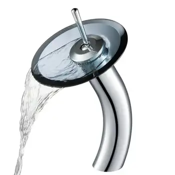Смеситель для раковины с водопадом в ванной комнате с диском из прозрачного черного стекла, хром