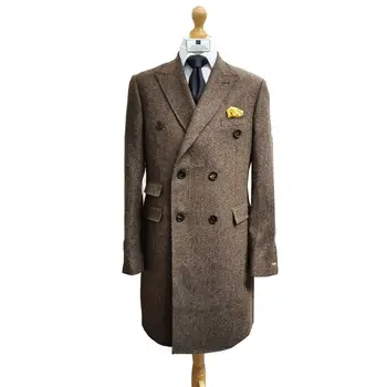 Мужское пальто из твида в елочку, ретро стиль, толстое теплое двубортное повседневное длинное пальто, деловая официальная зимняя куртка на заказ