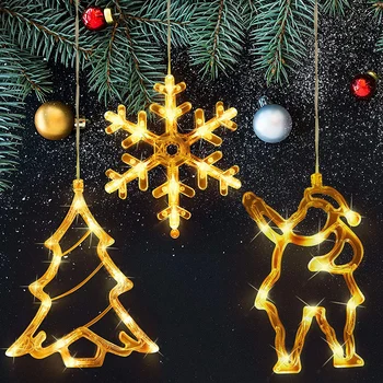 Рождественская светодиодная лампа-присоска, Колокольчик, Снеговик, Звездные огни, Праздничное окно, Декоративная подвесная лампа на батарейках для украшения дома