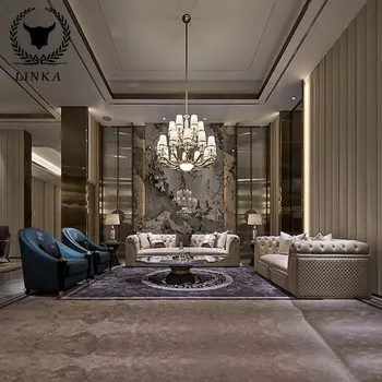Роскошный кожаный диван в европейском стиле для гостиной диван из массива дерева чайный столик комбинация элитной мебели для виллы S2