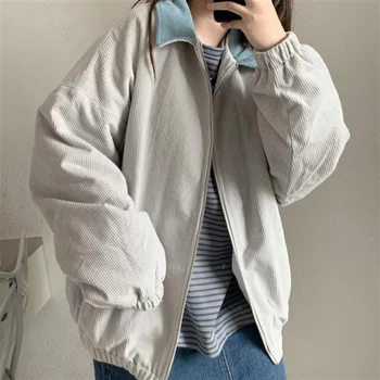 Хоучжоу, вельветовая винтажная куртка, женские зимние пальто, 2022, Лоскутная куртка с лацканами, Корейский стиль, Свободная студенческая повседневная стеганая куртка, толстая