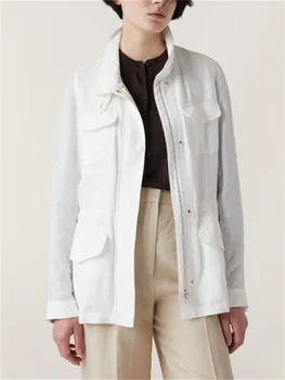 Женская куртка со стоячим воротником и длинным рукавом 2023, Весна-осень, Новая женская куртка на молнии, однотонное простое пальто с карманами для поездок на работу