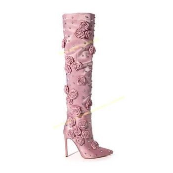 Розовые Высокие Сапоги до бедра с Украшением в виде кристаллов, Цветочный Декор, Обувь с острым носком для Женщин, Пикантные Туфли на Тонком высоком Каблуке 2023, Zapatos Para Mujere