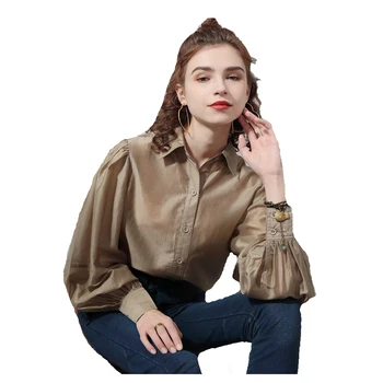 Женская модная винтажная шелковая блузка с длинными рукавами-фонариками и отложным воротником Для женщин, Однобортный топ свободного кроя Aprioct FS1236