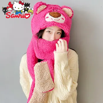Sanrio Melody Kuromi, Плюшевый шарф, перчатки, Универсальная женская шапка из трех предметов с Красным мультяшным медведем, сохраняющая тепло, утолщающие шапки