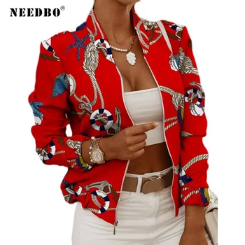 NEEDBO/Женская куртка, Весенние топы с винтажным принтом, Женская мода, Длинный рукав, Тонкие женские куртки на молнии, пальто, Женское Veste Femme
