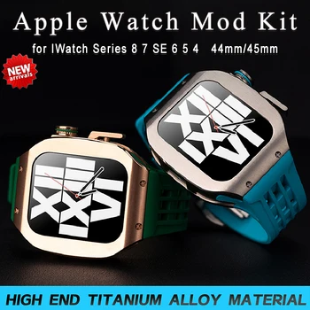 Роскошный Комплект Модификации Титанового корпуса для Apple Watch Band 45 мм 44 мм Титановый чехол Iwatch Series 8 7 6 SE 5 4 Резиновый ремешок