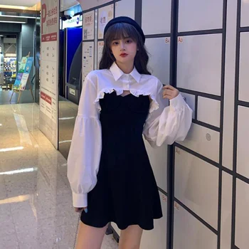 Осеннее Женское Сексуальное Черное платье на бретельках и белые блузки с длинными рукавами, укороченные топы, корейские модные мини-платья в корейском стиле платье