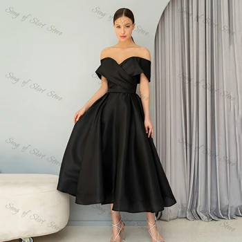 Платье для выпускного вечера трапециевидной формы с открытыми плечами, черные вечерние платья чайной длины с коротким рукавом и открытой спиной, простое вечернее платье