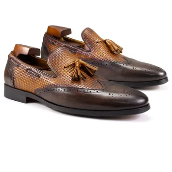 Мужская обувь из натуральной кожи с острым носком и кисточками в стиле броги, Удобная Обувь ручной работы, Вечерние Свадебные модельные туфли