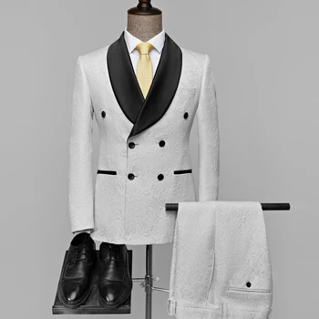 Мужское Белое Модное Роскошное платье для свадебного банкета, костюм жениха из 2 предметов, Классический мужской жаккардовый блейзер и брюки для выпускного вечера в Британском стиле