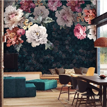 Европейский Ретро Пион Цветочный Черный Фон Фрески Обои для гостиной ТВ Фон Стены 3D Обои Домашний декор