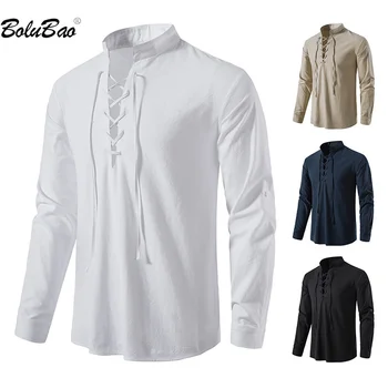 BOLUBAO 2023, Уличная Повседневная Рубашка Для Мужчин, Однотонный Приталенный Топ Со Стоячим воротником и длинными рукавами, Высококачественная Дизайнерская Рубашка Для Мужчин