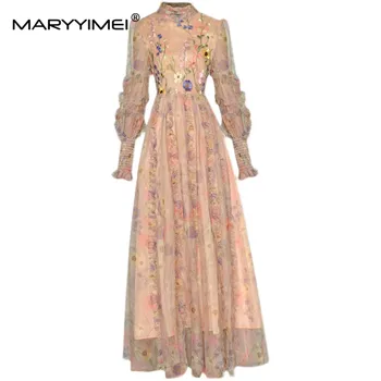Модное дизайнерское платье MARYYIMEI, Осеннее женское платье С рукавом-фонариком, рюшами, цветочной вышивкой, Макси-вечернее Сетчатое платье