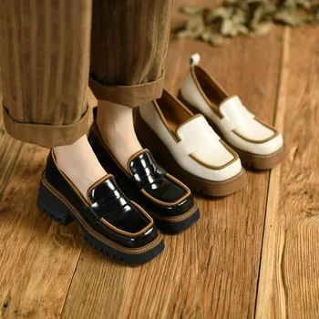 Дизайнерские лоферы; Женская обувь на высоком каблуке без застежки; Коллекция 2022 года; Женская обувь на платформе с квадратным носком в стиле Ретро; Размеры 35-40; Женские мокасины