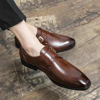 Брендовые дизайнерские мужские модельные туфли из классической натуральной кожи с пряжкой и ремешком Темно-коричневого, черного Цвета, Офисная деловая официальная обувь для мужчин